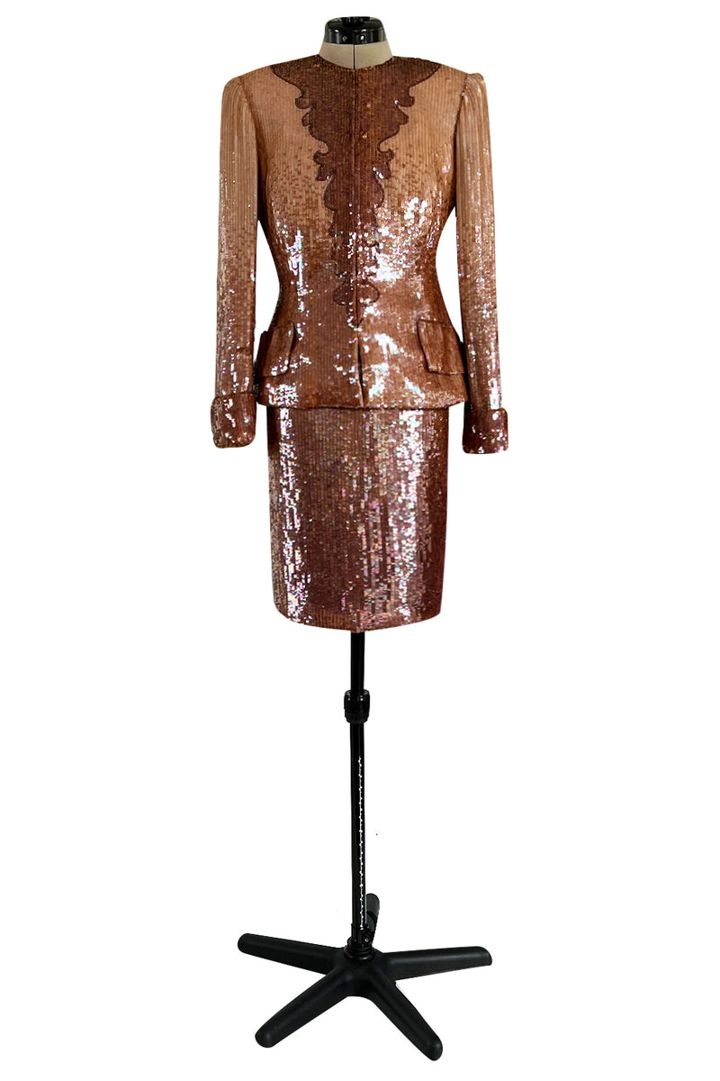 Fabulous 1980s John Anthony Couture Pink & Bronze Fully Sequinned Strapless Dress & Matching Jacket