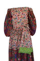 1960s Richilene Off Shoulder Pouf Sleeve Bohemian Printed Silk Dress