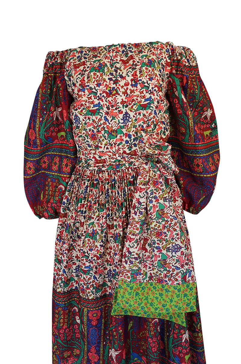 1960s Richilene Off Shoulder Pouf Sleeve Bohemian Printed Silk Dress