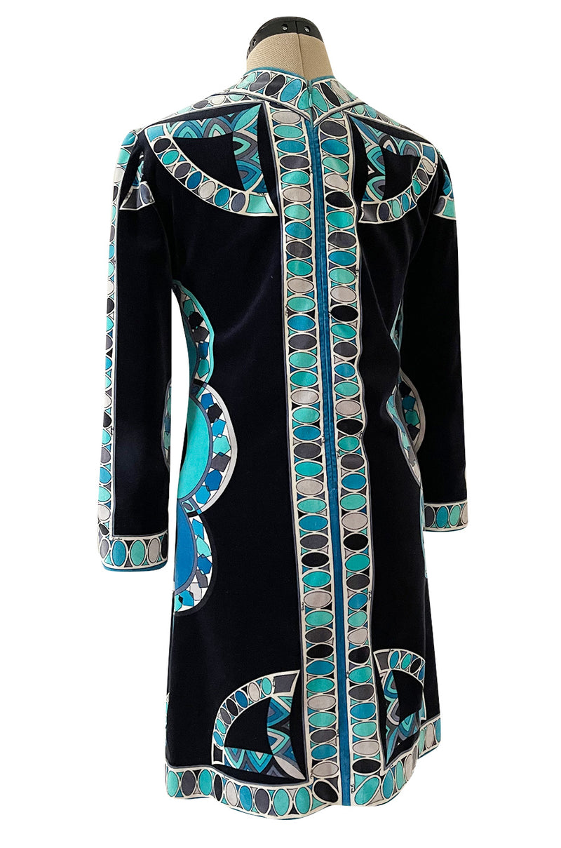 Gorgeous 1960s Emilio Pucci Velvet Dress in Ocean Blues & Classic Circle Print