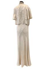 Beautiful 1930s Ivory Hammered Silk Satin Bias Cut Dress w Original Jacket & Belt