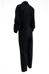 1980s Yves Saint Laurent Black Snap Front Flight Jumpsuit w Slip Belt