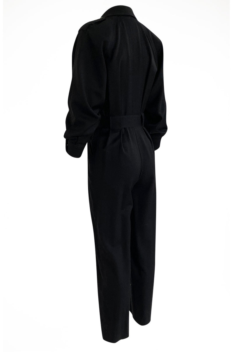 1980s Yves Saint Laurent Black Snap Front Flight Jumpsuit w Slip Belt
