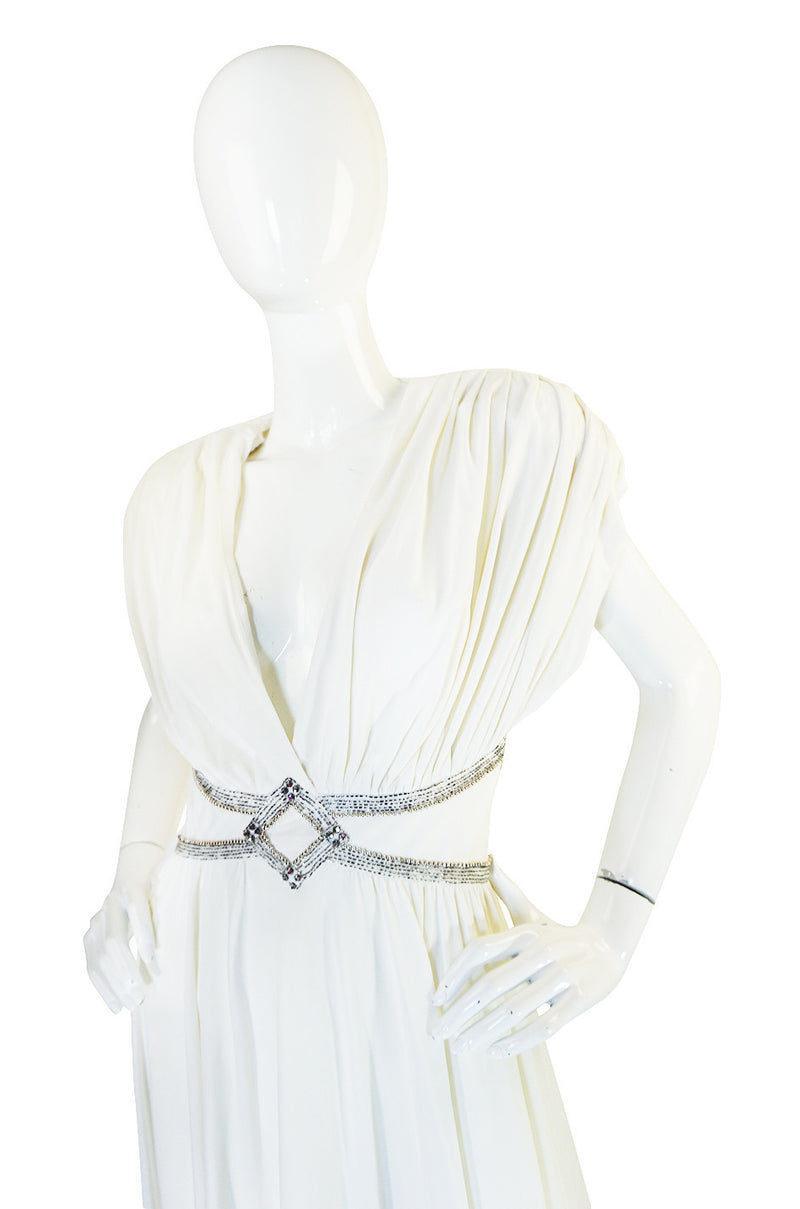 1970s Frank Usher Grecian Draped Beaded Jersey Dress