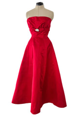 Late 1940s, Early 1950s Strapless Red Silk Satin Full Skirt Dress w Rhinestone Detailing