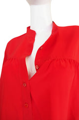 1970s Yves Saint Laurent Red Silk Smock Top