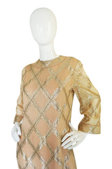 1960s Tina Leser Gold Lame Thread Side Slit Tunic Caftan Dress