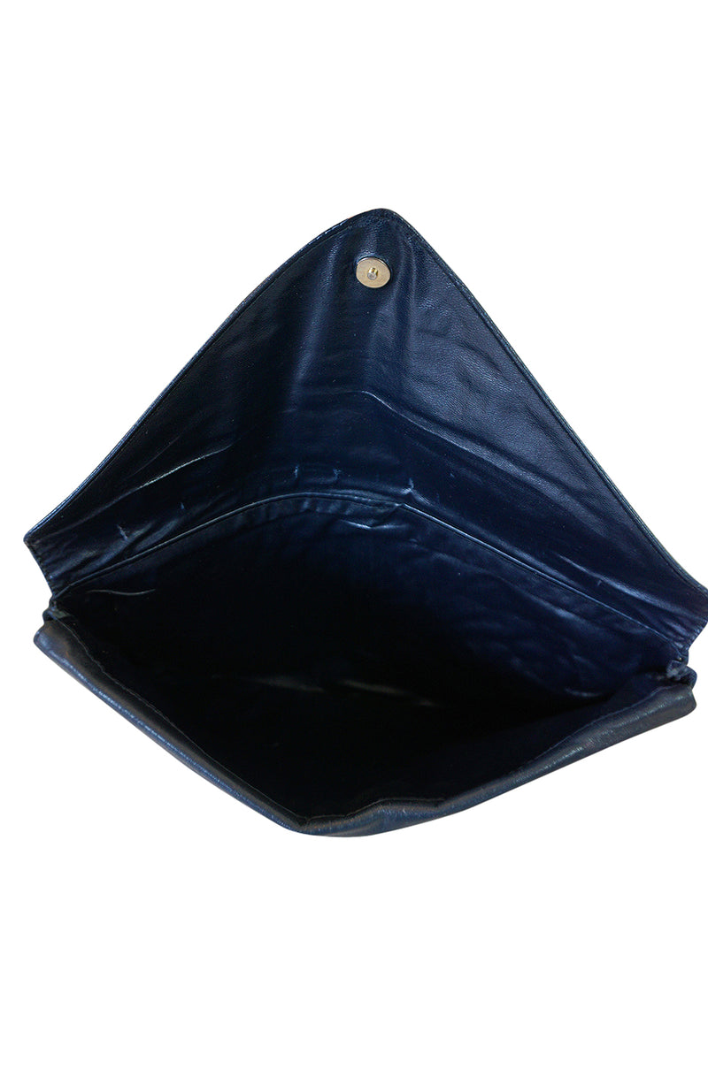 1980s Deep Blue Crocodile or Alligater Stamped Leather Clutch Bag