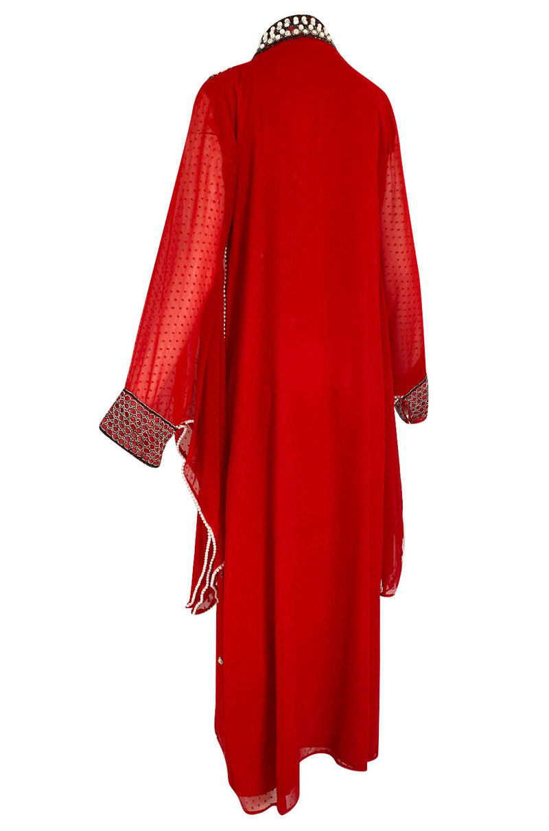 Striking 1970s Red Dotted Chiffon White Beaded Caftan Dress w Kimono Sleeves