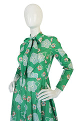1970s Apple Green Print Washable Jersey Secretary Dress