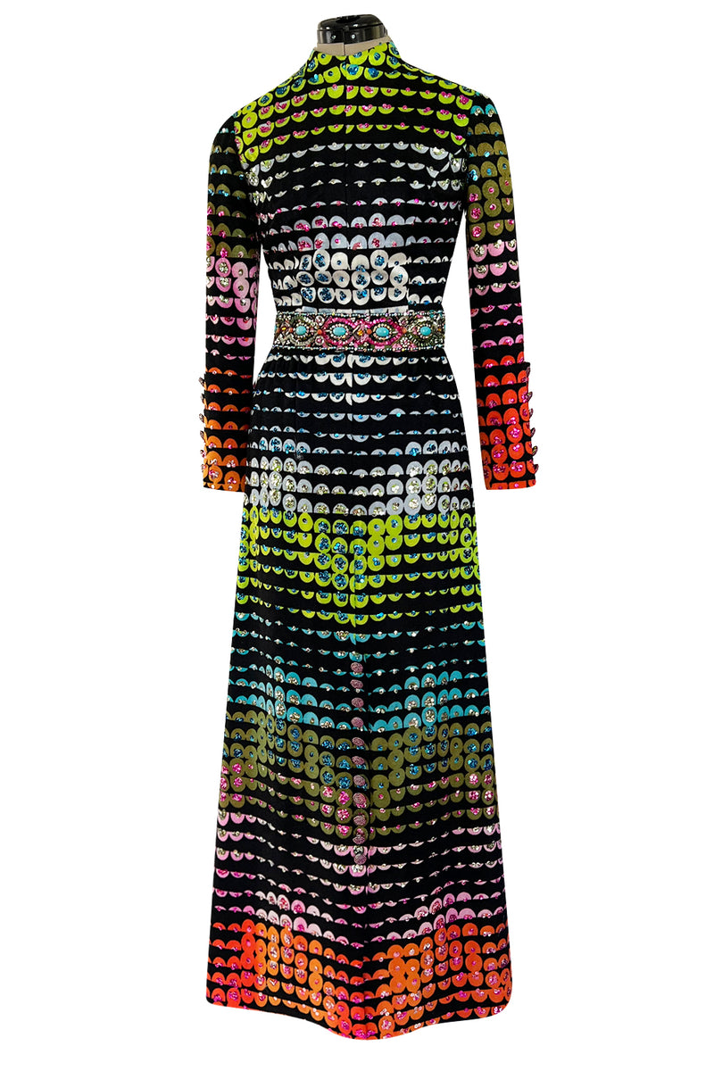 Amazing 1970s Unlabeled Valentina Inc. Rainbow Colored Elaborate Sequin & Bead Detailed Dress