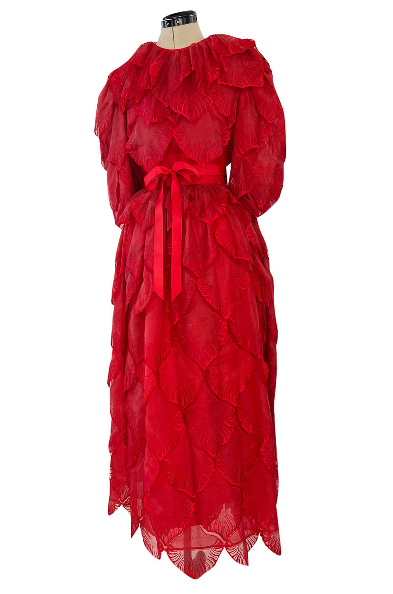 1980s Unlabeled Nina Ricci by Girard Pipard Haute Couture Red Silk & Net Leaf or Petal Dress