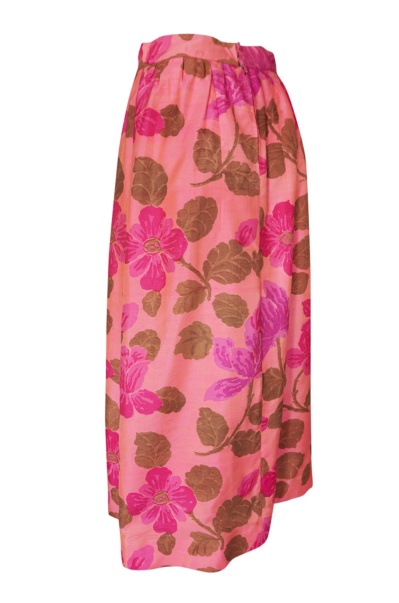 1960s Unlabeled Pink Exotic Floral Print Thai Silk Skirt