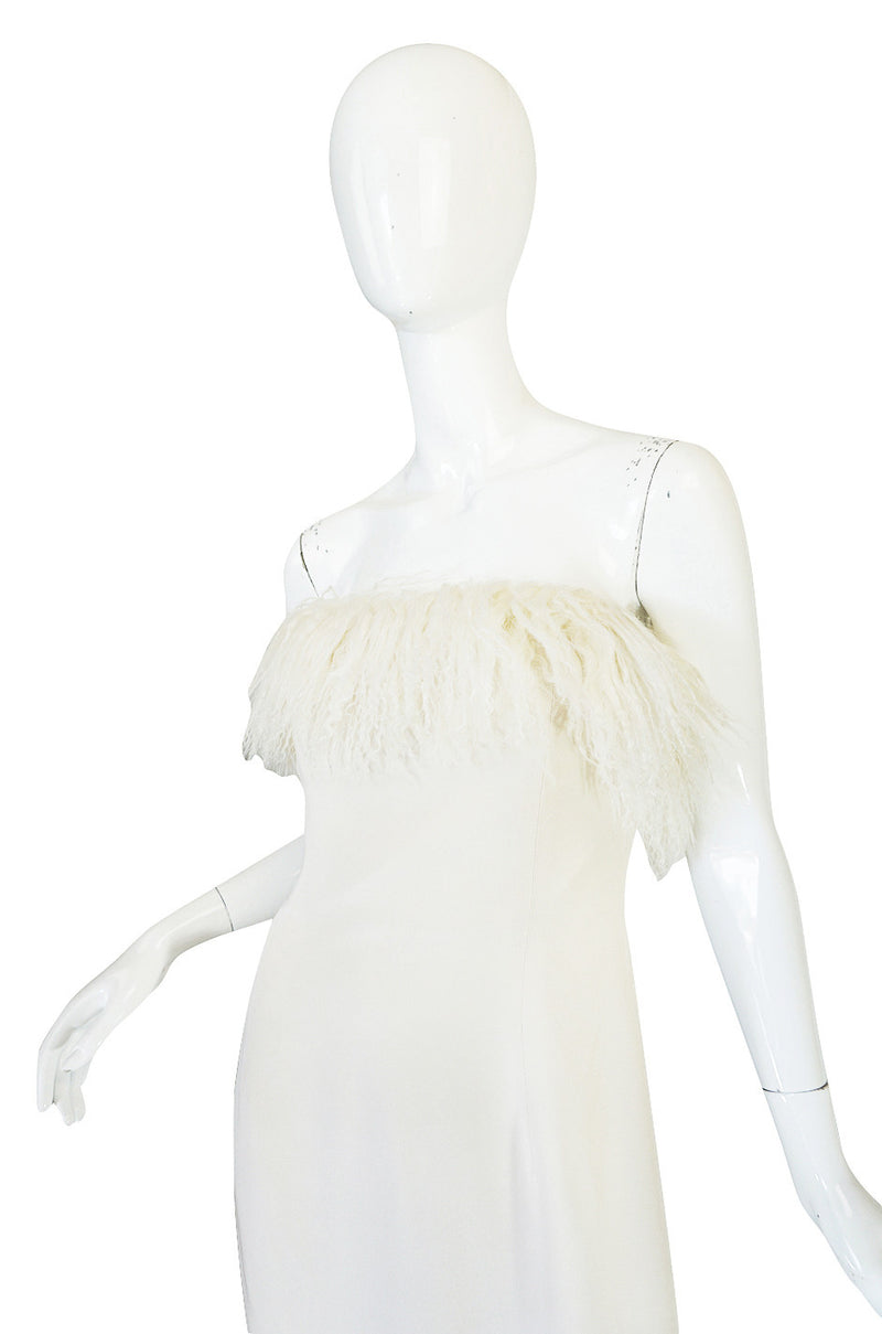 1970s Mongolian Fur Trimmed Cream Silk Travilla Gown