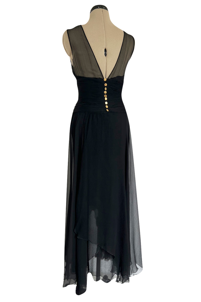1980s Chanel by Karl Lagerfel Black Silk Chiffon Dress w Gold Button Detailing