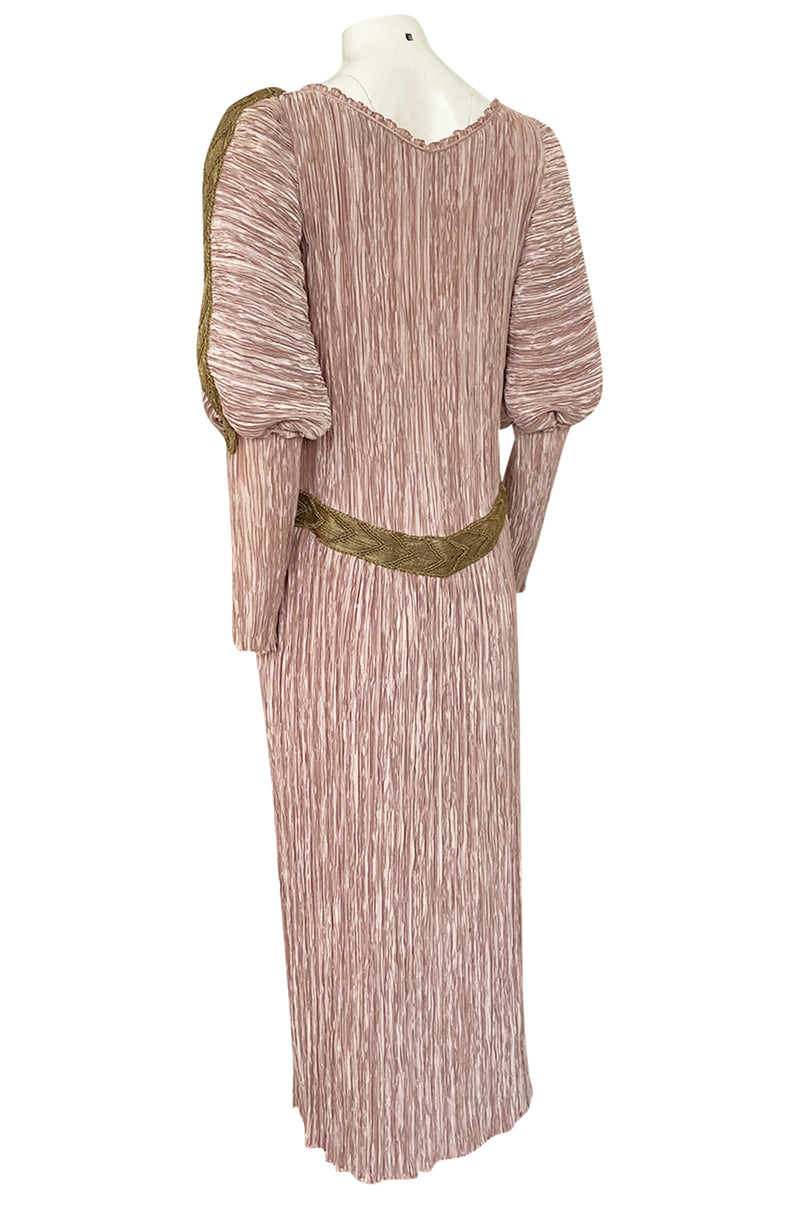 Spring 1984 Mary McFadden Dusky Pink & Gold Pleated Juliet Sleeve Dress