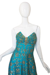 1970s Turquoise & Gold Sequin Silk Gown