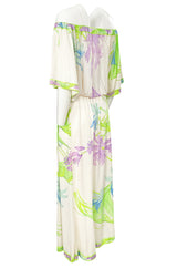 1970s Leonard Paris Off Shoulder Tropical Floral Print Silk Jersey Dress