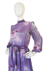 1970s Hanae Mori Romantic Pale Purple Print Chiffon Dress
