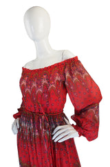 1970s Off Shoulder Silk Print Mollie Parnis Dress