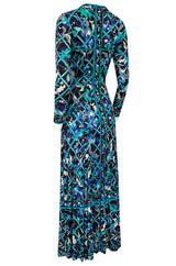 Gorgeous 1960s Emilio Pucci Blue Lattice Print Silk Jersey Maxi Dress