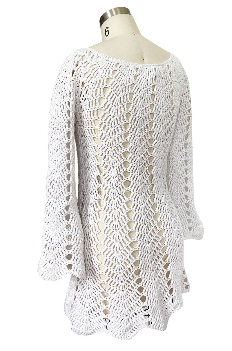 1970s Cobbler Open Weave White Cotton Knit Mini Dress or Tunic