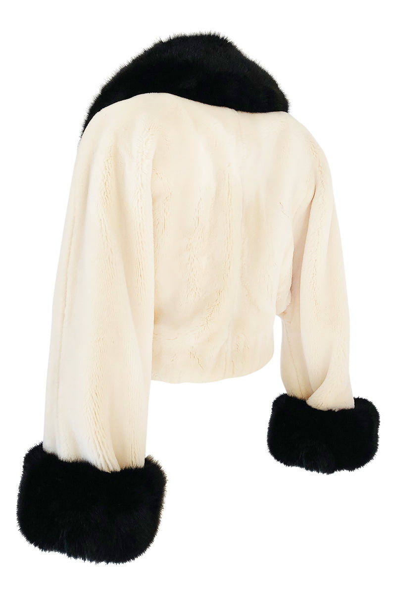 1994 Franco Moschino Ivory & Black Question Mark Faux Fur Cropped Jacket