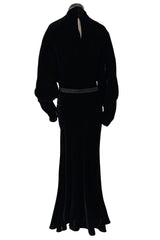 Stunning 1930s Black Bias Cut Silk Velvet Dress w Rhinestone Detail & Brilliant Belt