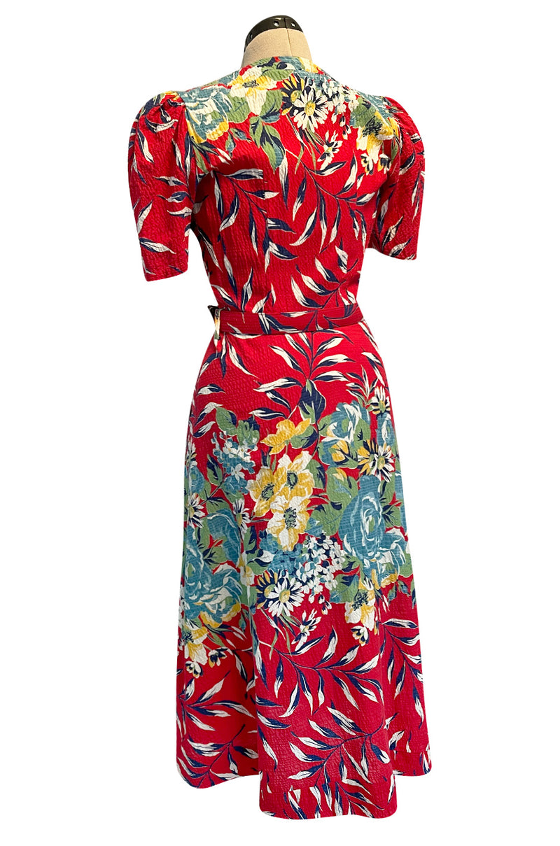 Gorgeous 1940s Unlabeled Cotton Pique Red & Bright Floral Print Dress w Original Belt