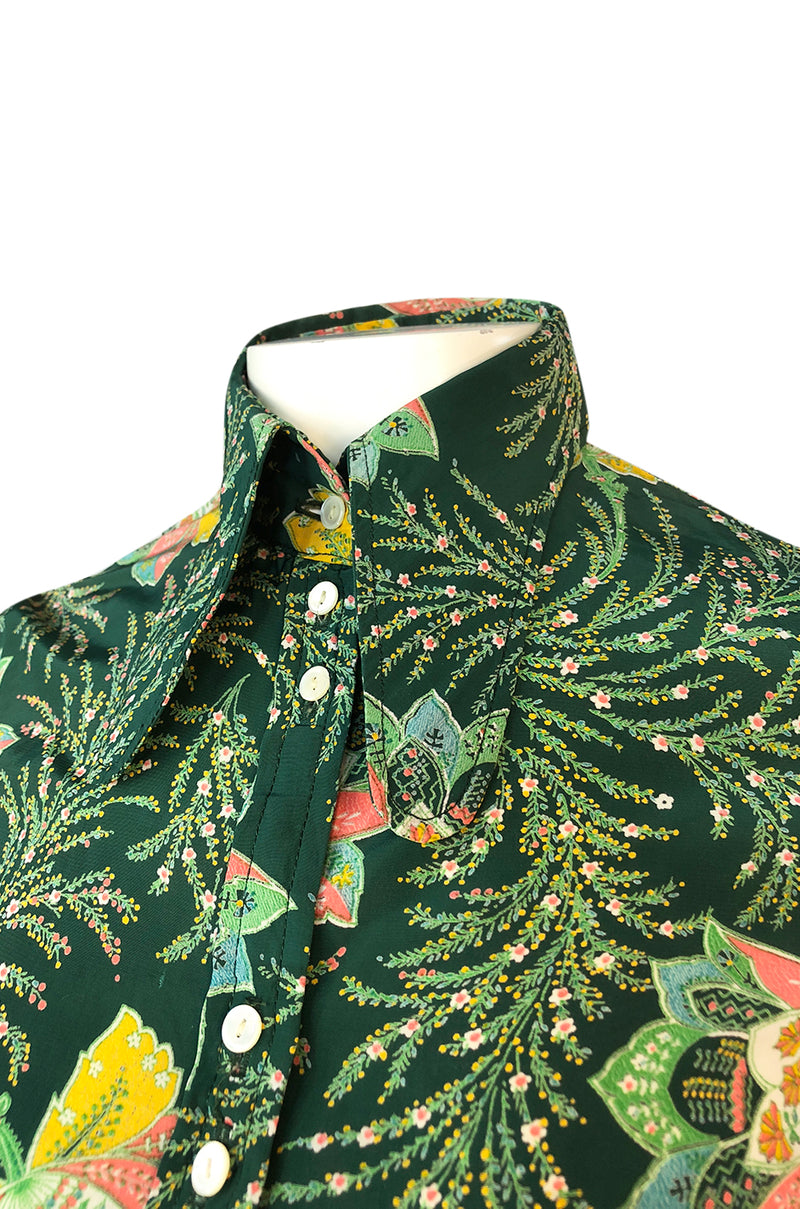 1970s Jeff Banks Green Floral Print Balloon Sleeve Silk Shirt