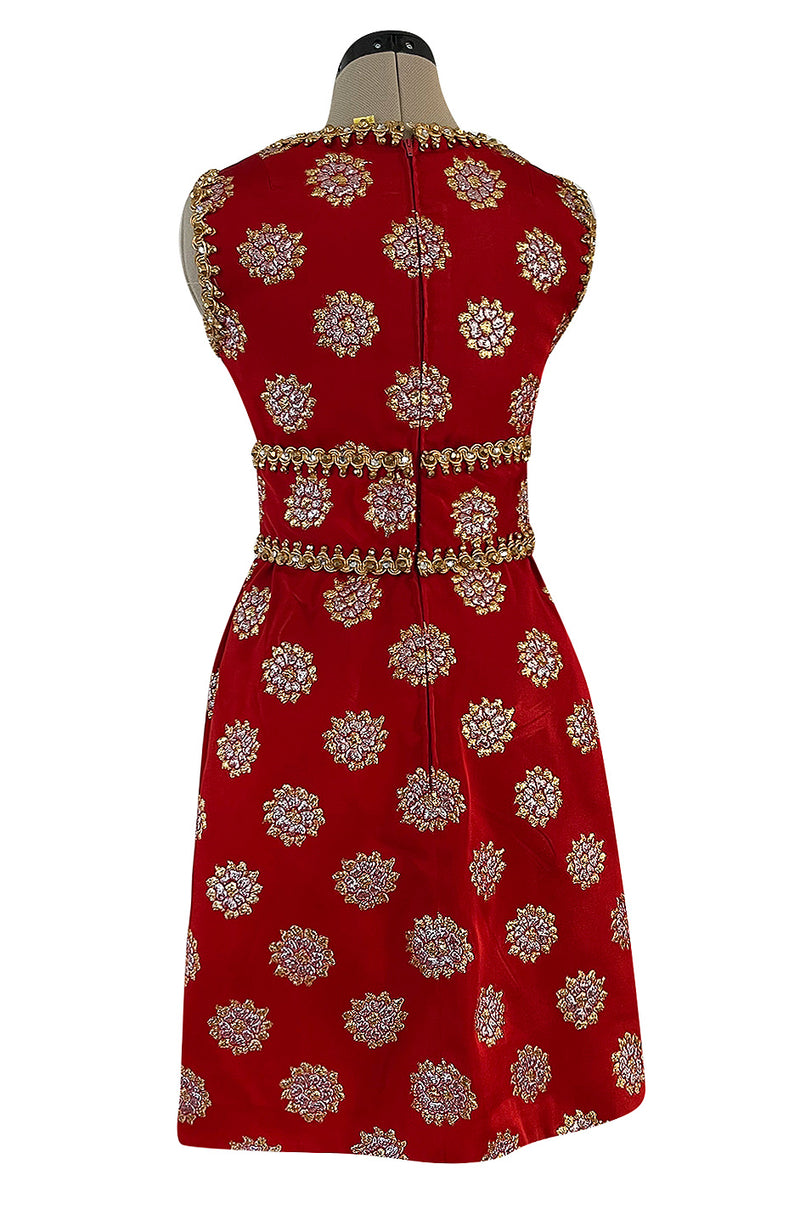 Exceptional Late 1960s Oscar de la Renta Red Silk Dress w Gold & Silver Detailing