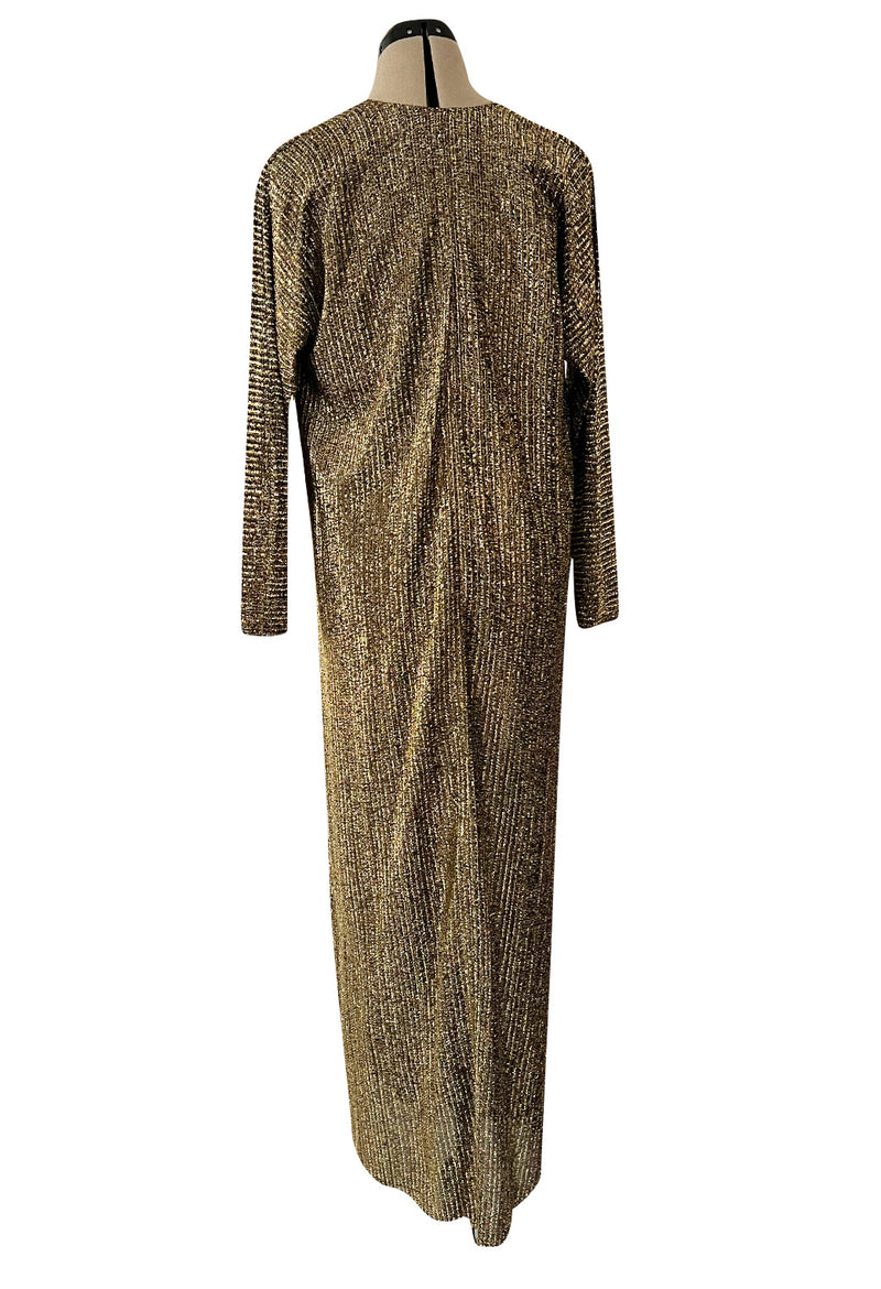 Classic 1970s Halston Metallic Gold Lame Lurex Full Length Caftan Dress w Notched Neckline