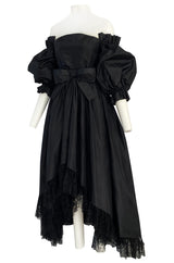 Important Fall 1959 Christian Dior by YSL Couture Black Silk Tafetta & Chantilly Lace Dress w Pouf Sleeves