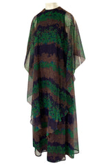 1970s Jean Varon Printed Green & Deep Blue Tiered Chiffon Caftan Dress