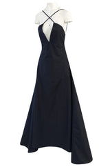 1990s Calvin Klein Black Front Plunge Halter Dress w No Back and Long Full Skirt