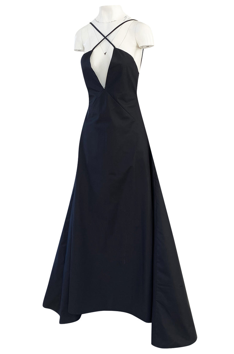 1990s Calvin Klein Black Front Plunge Halter Dress w No Back and Long Full Skirt