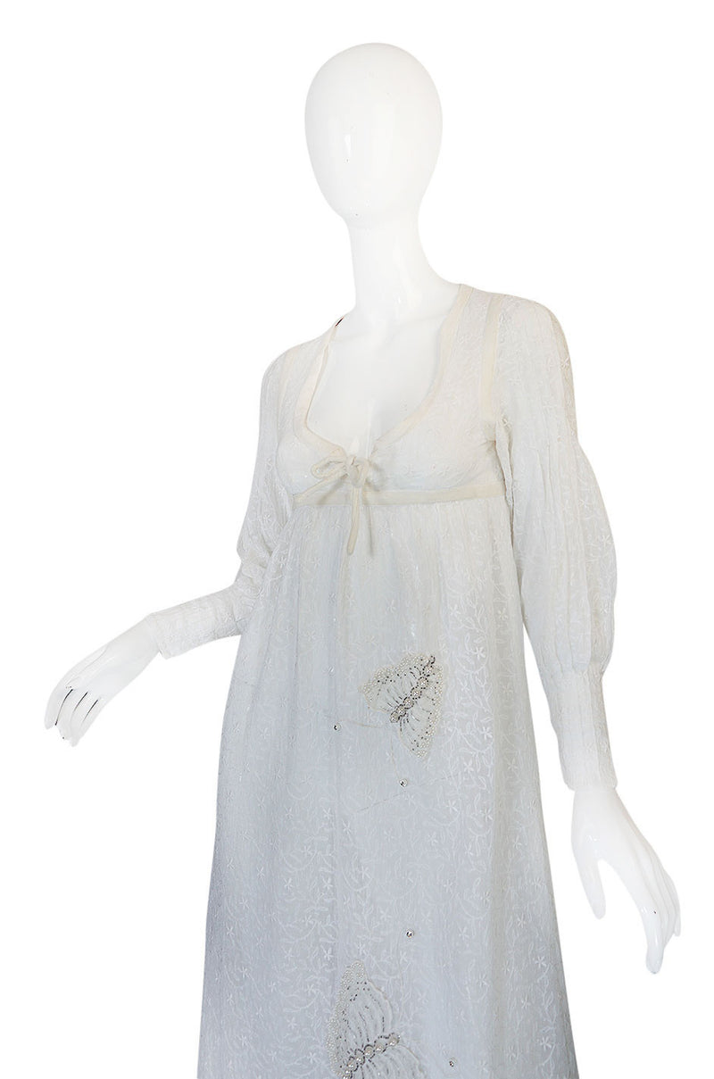 1970s Thea Porter White Embroidered Muslin Butterfly Applique Dress