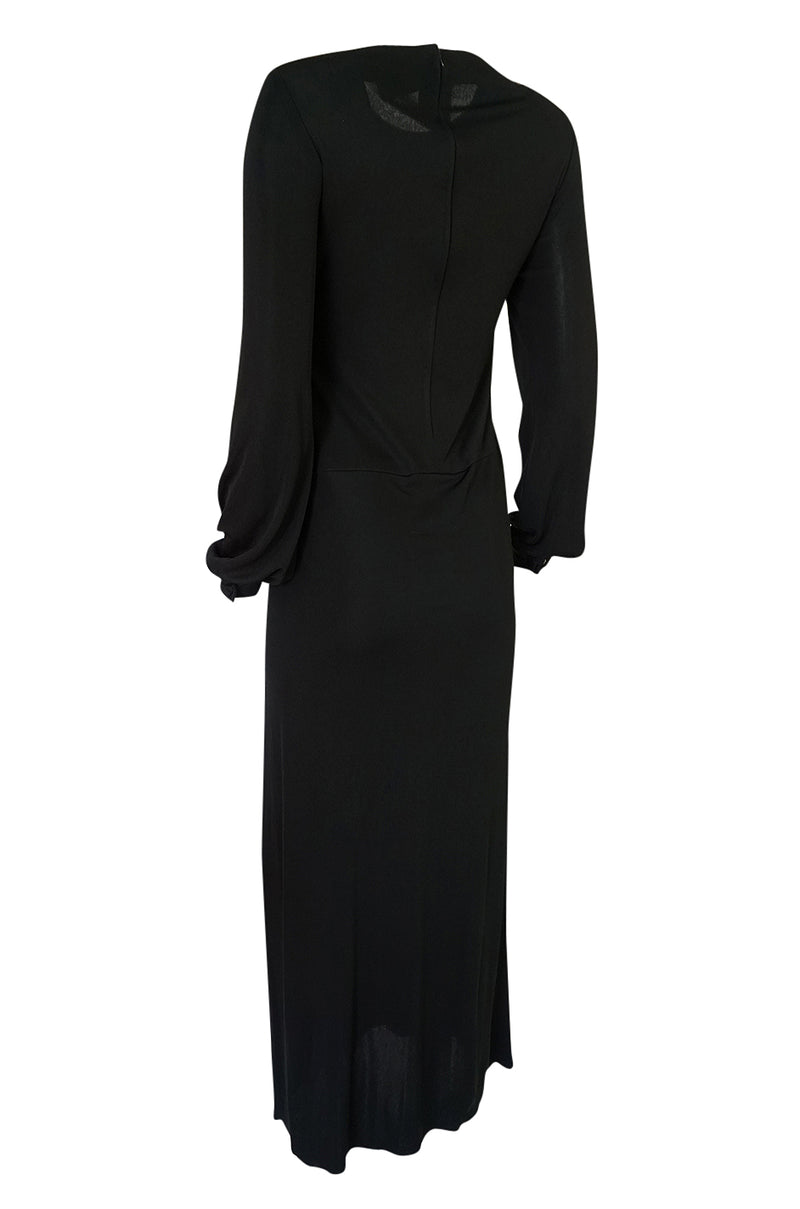 1970s John Anthony Demi-Couture Black Silk Jersey Dress w Hand Beaded Birds