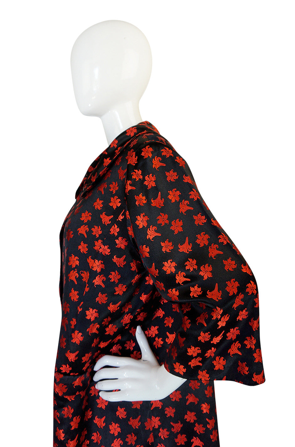 1950s Black Silk with Red Embroidered Floral Detail Dress