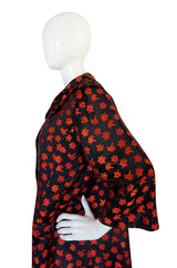 1950s Black Silk w Red Embroidered Floral Detail Swing Coat