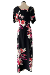 Stunning 1930s Unlabeled Black Silk Crepe Dress w Brilliant Pink & Coral Floral Print