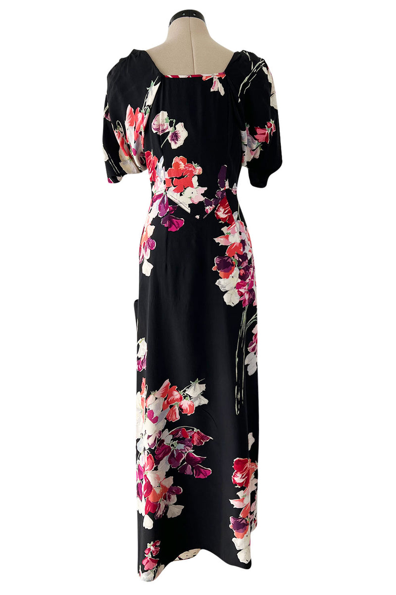 Stunning 1930s Unlabeled Black Silk Crepe Dress w Brilliant Pink & Coral Floral Print