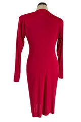 Iconic Fall 1985 Yves Saint Laurent Ad Campaign Red Plunge Dress w Jewel Clasp