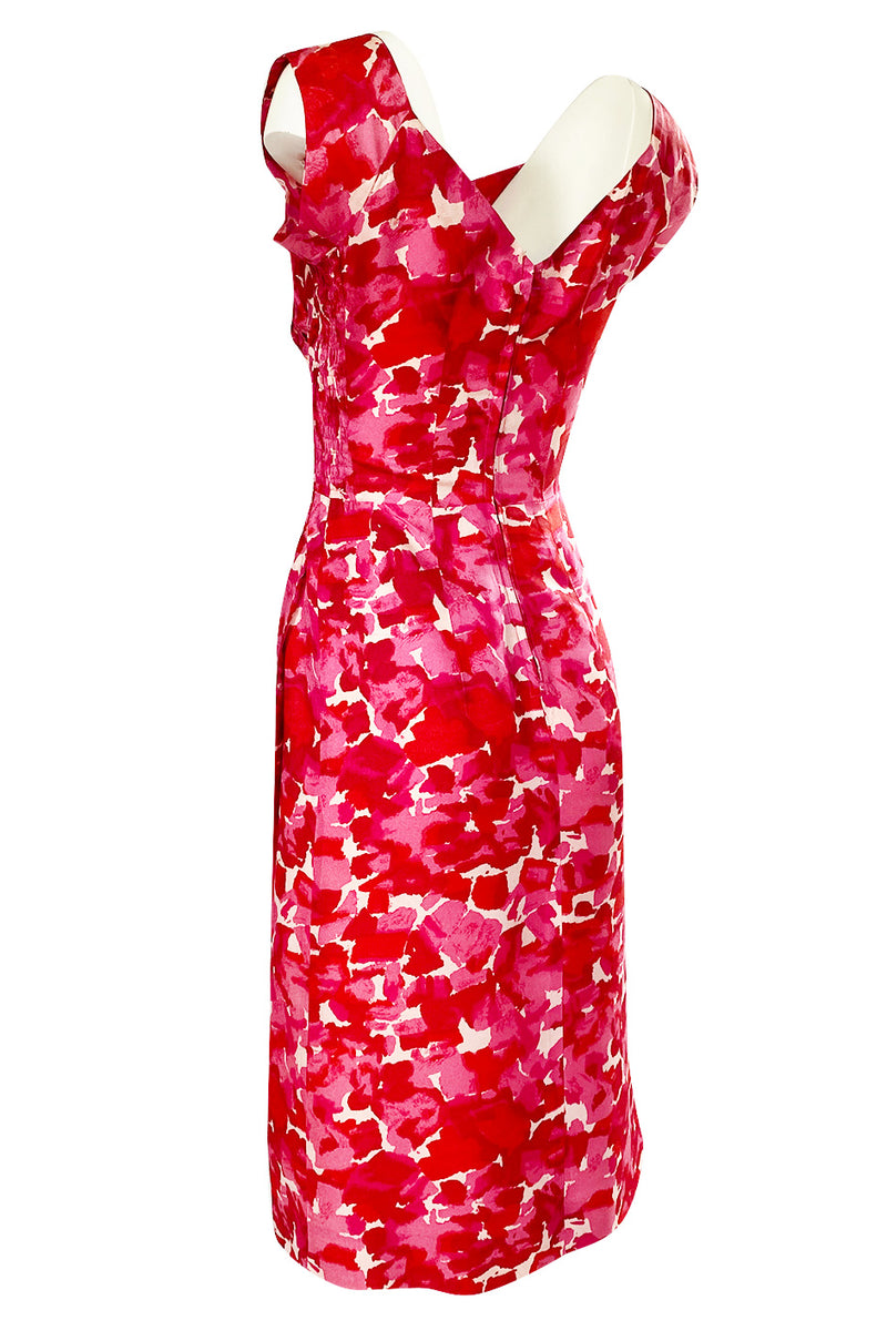 1940s Peggy Wood Pink Printed Silky Rayon Crepe Hawaiian Sarong Dress
