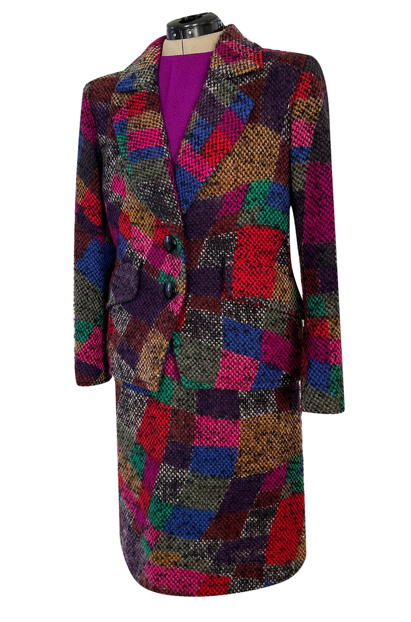 Fall 1991 Ady Couture Lausanne Yves Saint Laurent Haute Couture Copy Wool Patchwork Suit w Silk Top