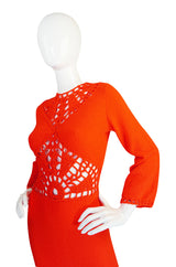 1970s Open Weave Cut Out Crochet Red Knit Dress