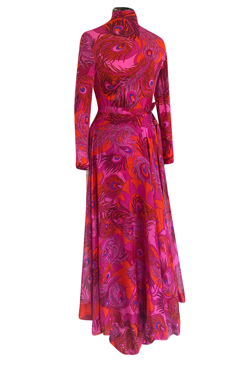 1972 La Mendola Silk Jersey Dress w Skirt Chiffon Skirt in the 'Paridiso' Peacock Feather Print