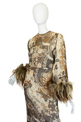 1970s Bill Blass Metallic Gold Lurex Knit & Feather Cuffed Dress