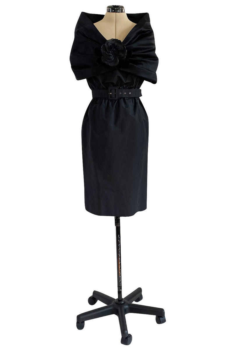 Exceptional Late 1970s Ady Couture Lausanne Black Silk Dress w Dramatic Wide Collar Shoulder Wrap