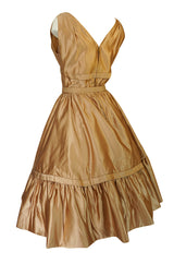 c.1957 Christian Dior Demi-Couture Gold Bow Detailed Silk Dress
